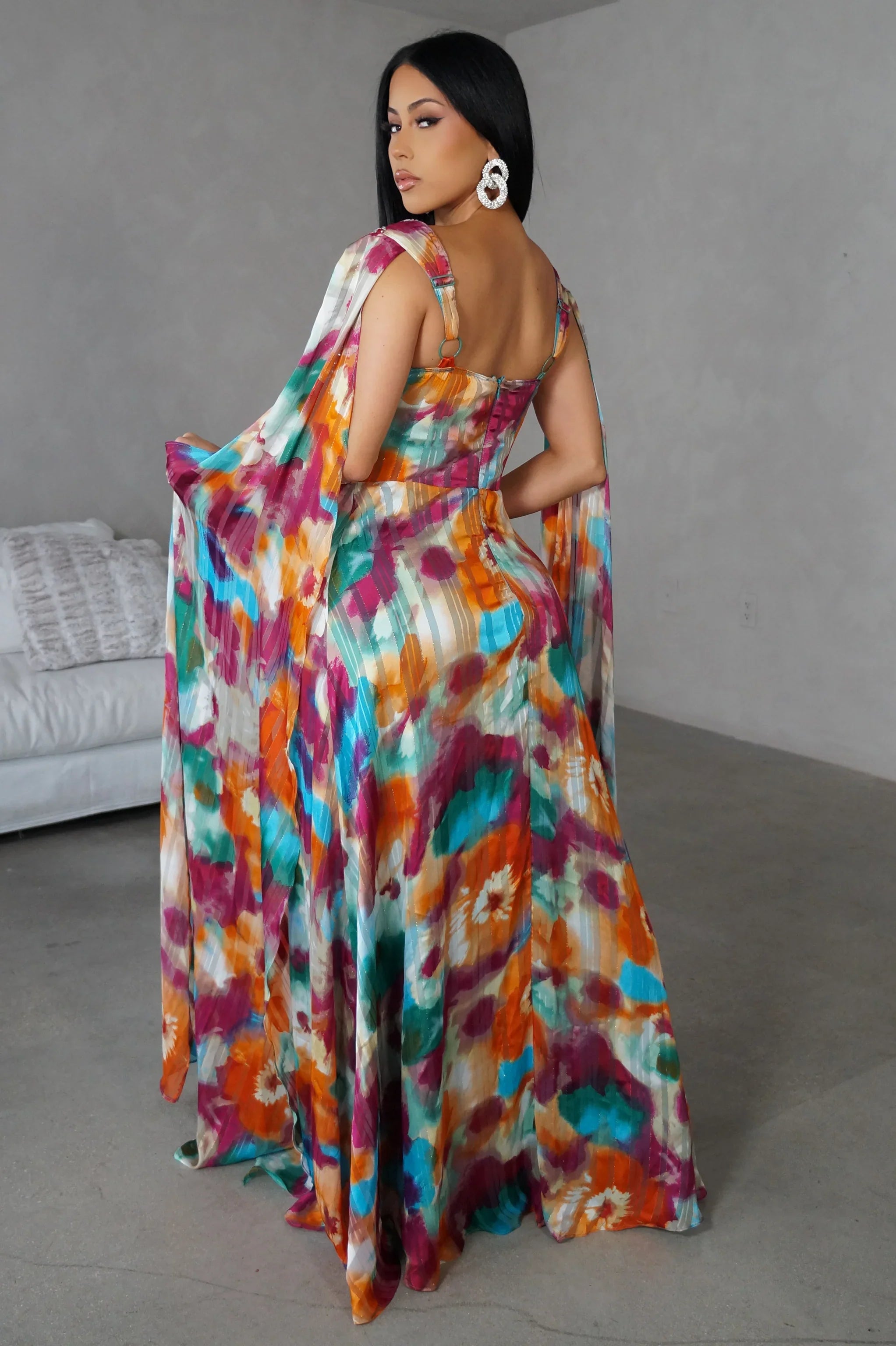 Floral Enchantment Cape Maxi Dress