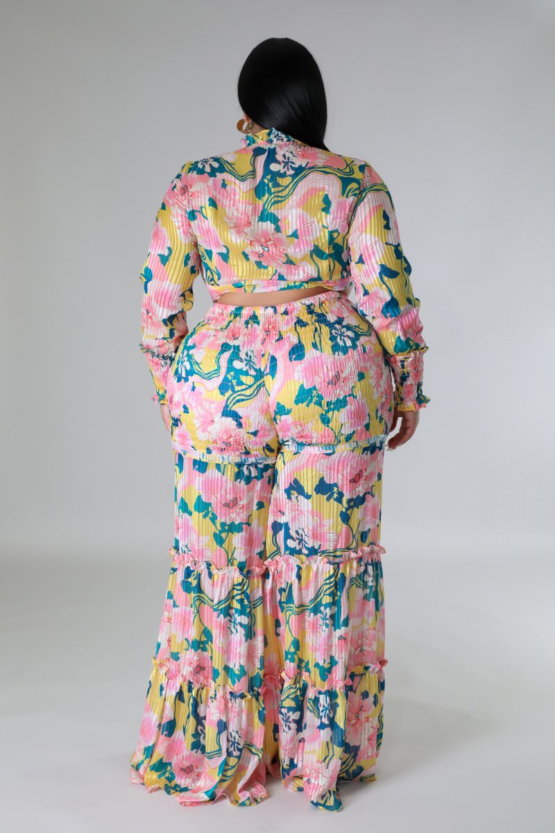 Graceful Ruffles Crop Top and Wide Leg Pants Ensemble