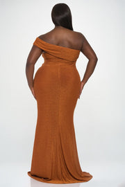 Stretchy One-Shoulder Maxi with Leg Slit Copper