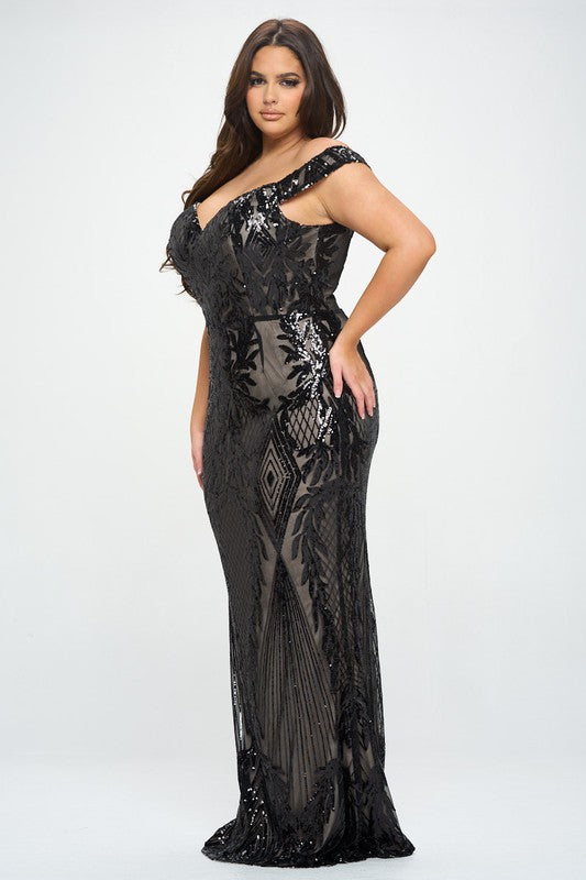 Sophisticated Lined Sequin Maxi Dress Black/Nude