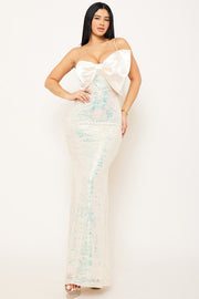 Satin Patterned Sequin Maxi Dress with Bow Detail