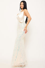 Satin Patterned Sequin Maxi Dress with Bow Detail