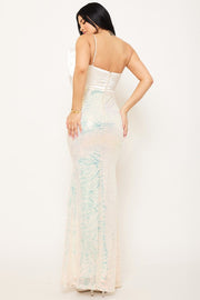 Satin Patterned Sequin Maxi Dress with Bow Detail