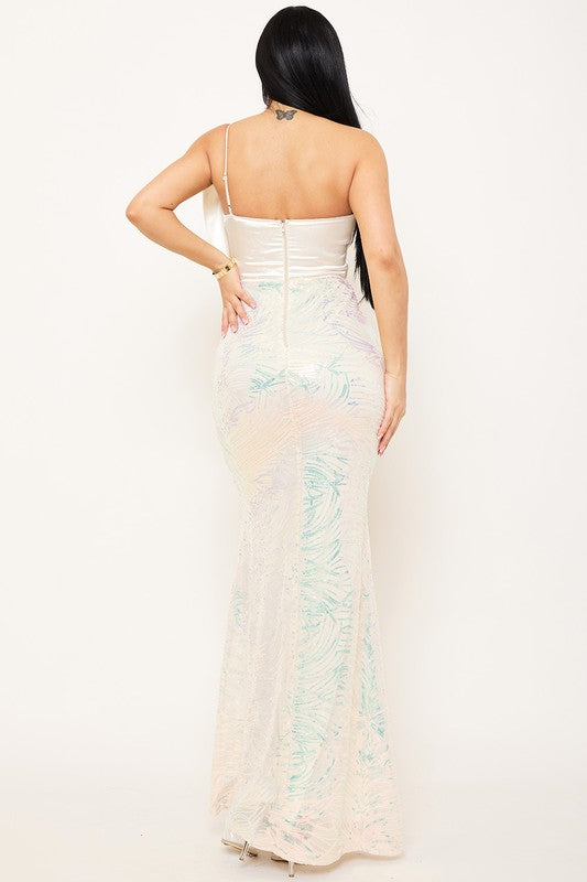 Satin Patterned Sequin Maxi Dress with Bow Detail