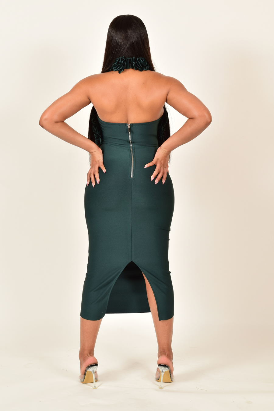 Rose Applique Halter Midi Dress