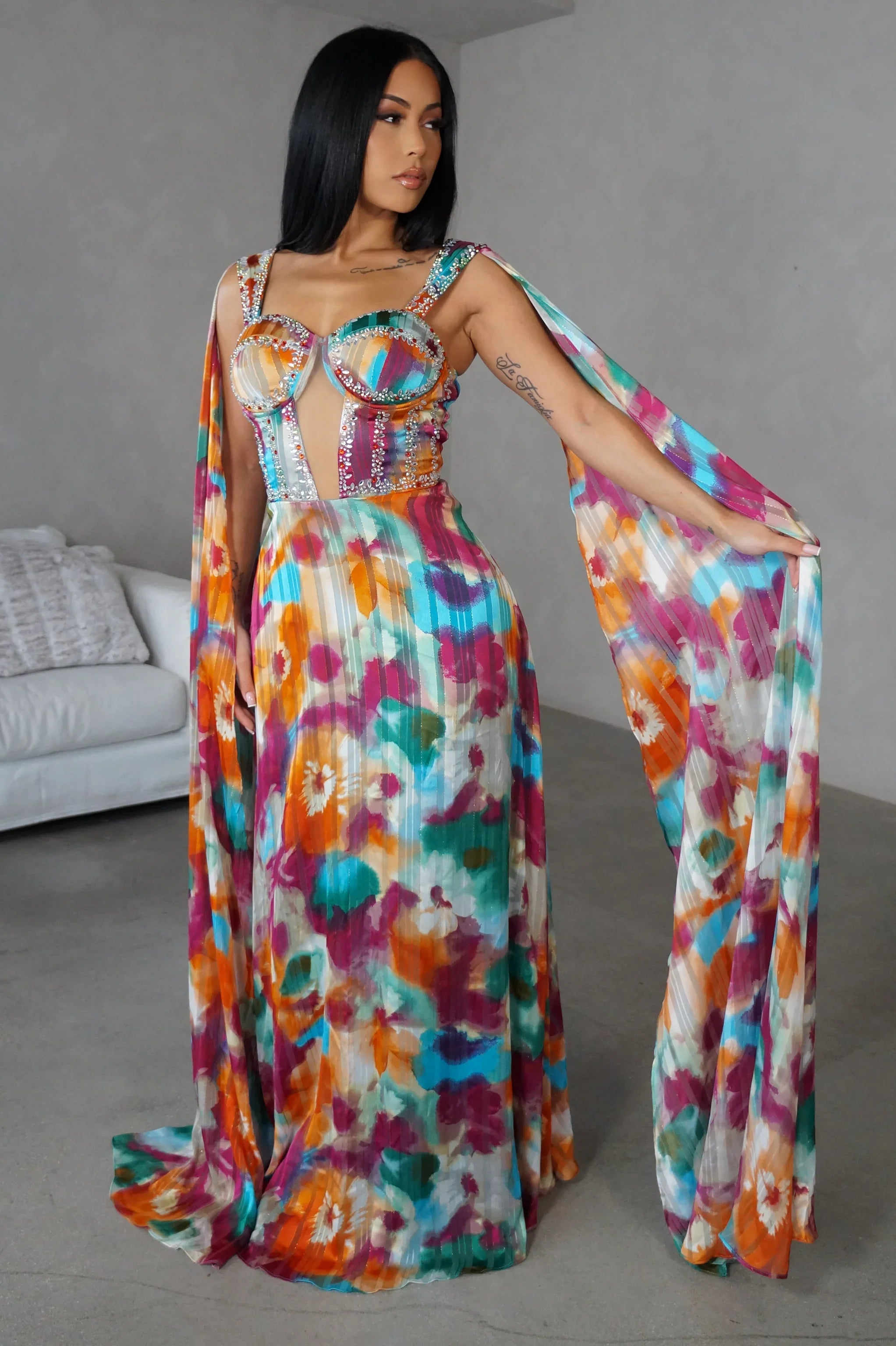 Floral Enchantment Cape Maxi Dress