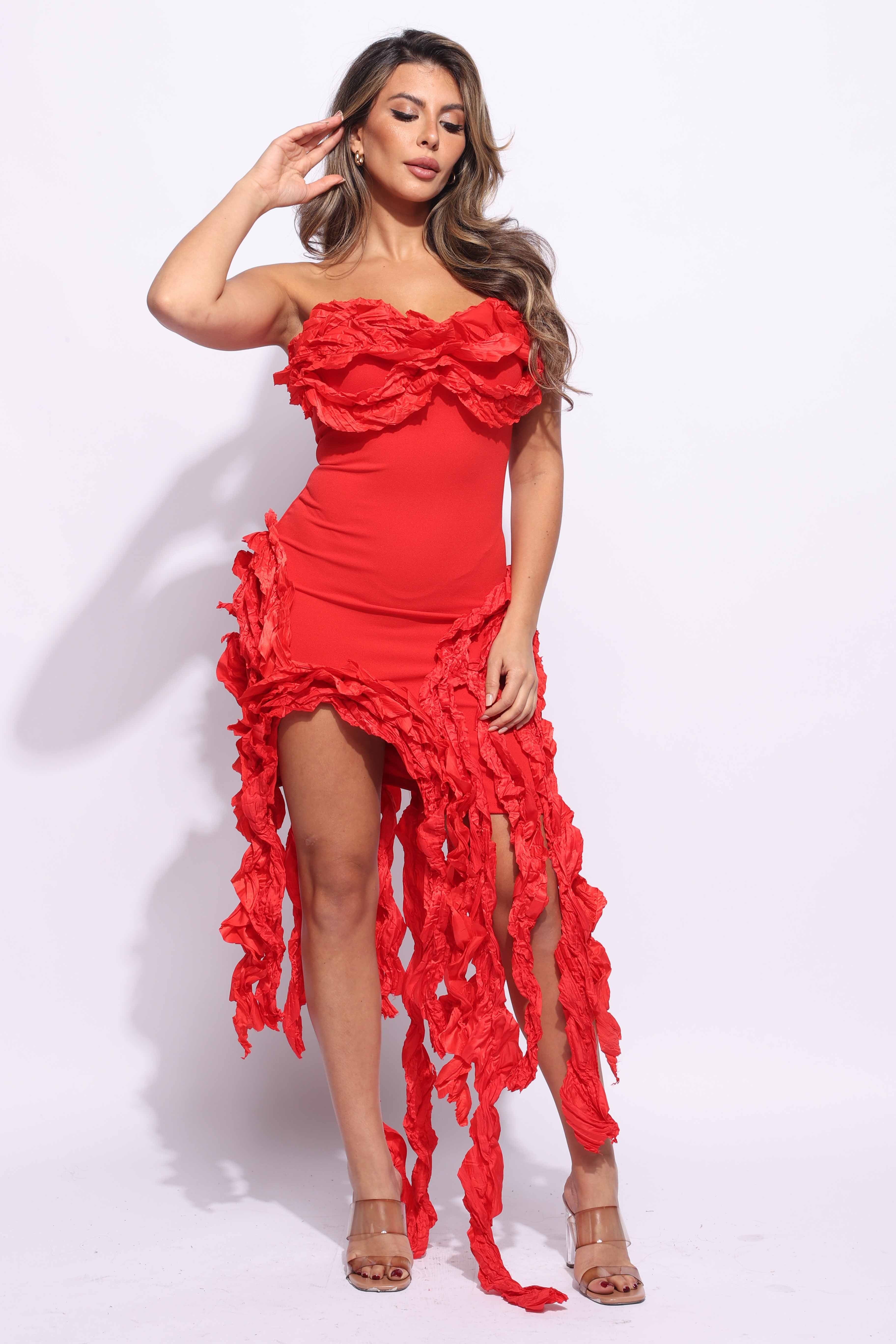 Ruffled Tube Dress Red